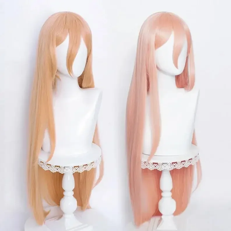 Anime Power Cosplay Wig Long Straight Orange Pink Wig Cosplay Anime Heat Resistant Synthetic Wig Props Horns