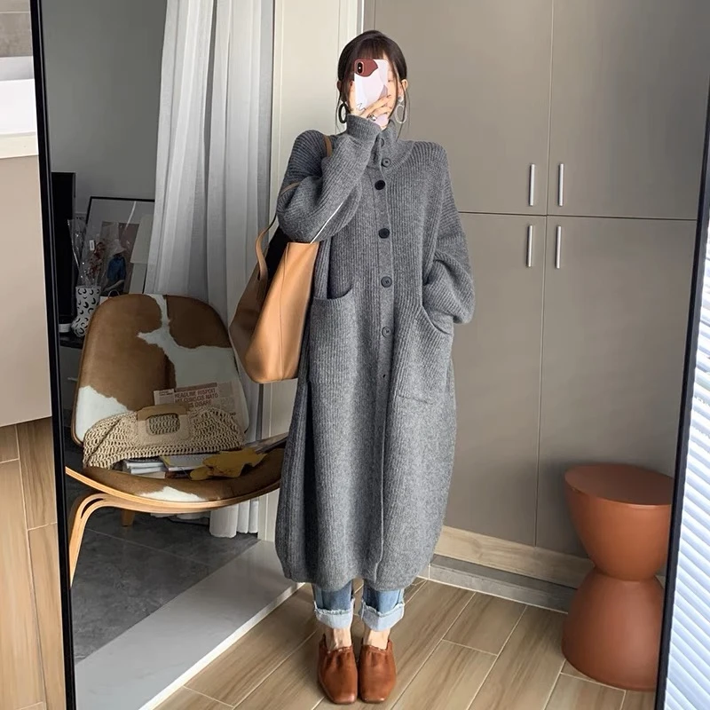 LMQ NEW Korean Fashion Turtleneck Winter High Collar Sweater Cardigan Single Breasted Knitwear Women Button Knitting Solid Cloth