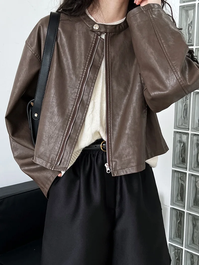 Veste de motard en cuir PU vintage pour femme, manteau court avec fermeture éclair, Streetwear Y2K, mode coréenne, haut court, printemps, automne,