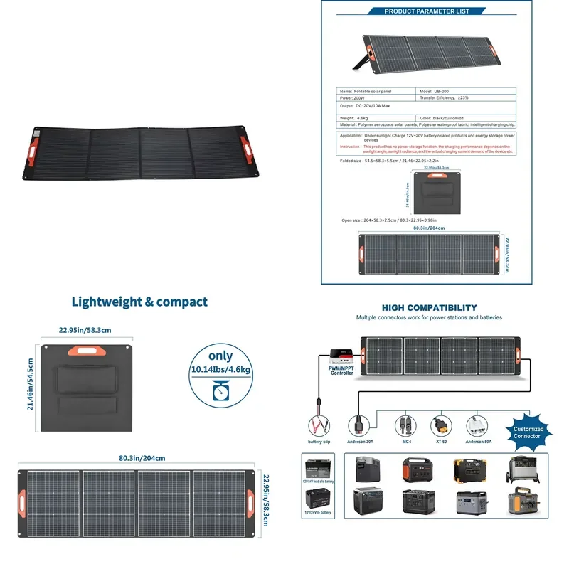 SUNSUN UB-200 200W Folding Monocrystalline Solar Panel High Efficiency Water Resistant Camping Trailer Mobile Vehicle Energy