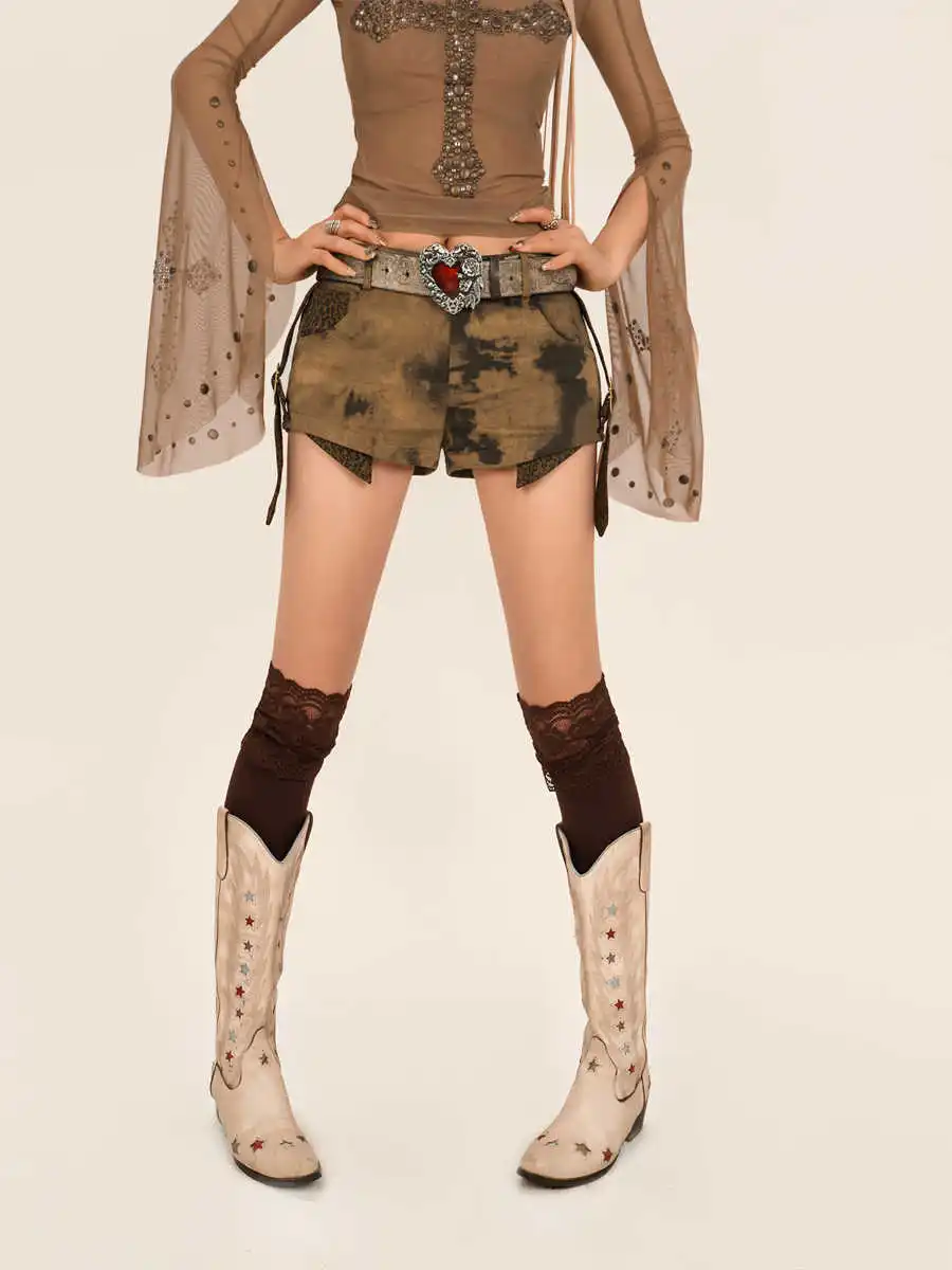 

Летние женские джинсовые шорты с низкой посадкой в стиле панк, тёмный академик, тай-дай, гоблин-кор, к-поп, японский Y2K, 2000-е, гранж, джинсовые шорты-хотпантс