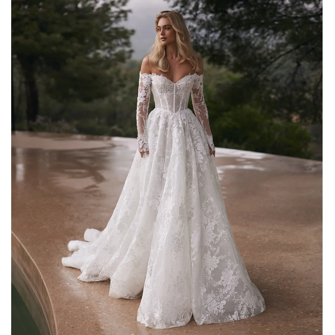 

Long Sleeves Wedding Dresses Illusion Lace Corset Vestido de Novia Wedding Party Reception Gown Elegant Vestidos Customized