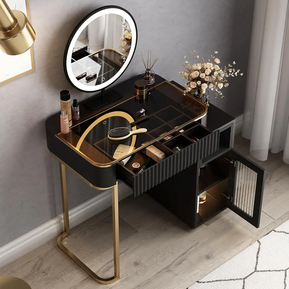 Premium Makeup Vanity Table, Very Easy to Assemble, Dressing Table, Removable LED Vanity Mirror, Visual Tempered Glass Table top