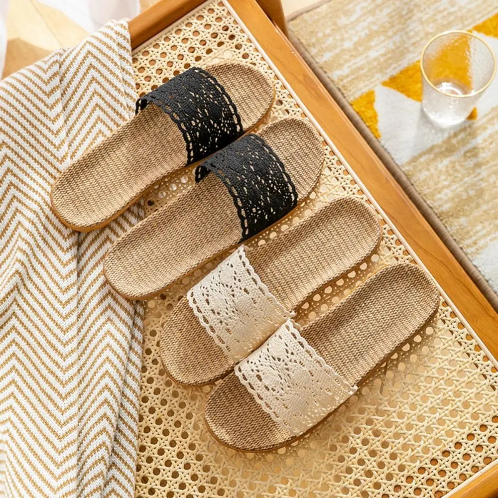 

Patchwork Stripe Flax Lace Slippers Non-Slip Sweet Straw Weave Slippers Shoes Vacation Beach Slides Sandals Ladies