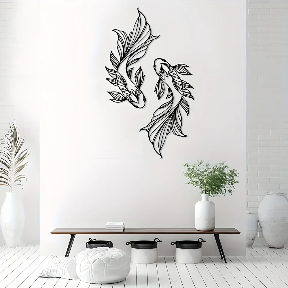 2pcs Koi Metal Wall Art, Fish School Home Interior Wall Decoration, Living Room Metal Wall Art Decoration