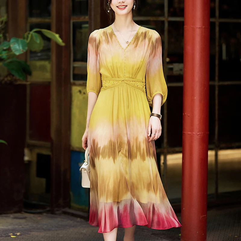 100% Real Silk Summer Dresses Women 2026 Elegant Fashion V-neck Diamonds Holiday Style Print Women's Long Dress A-line