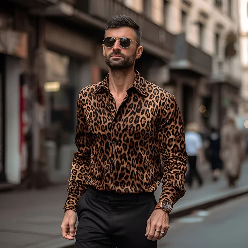 Camisa Masculina Estampada em 3D de Manga Longa, Moda Casual para Feriados, Camisa Floral Havaiana Social Reserva com Estampa de Leopardo