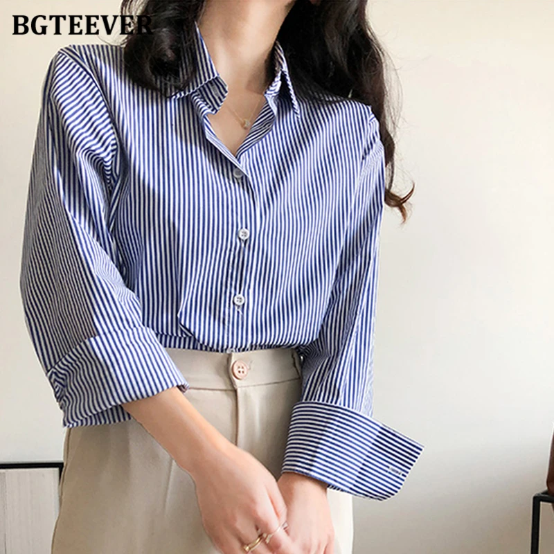 BGTEEVER Casual Turn-down Collar Loose Female Striped Shirts Spring Long Sleeve Single-breasted Stylish Women Blouses Tops