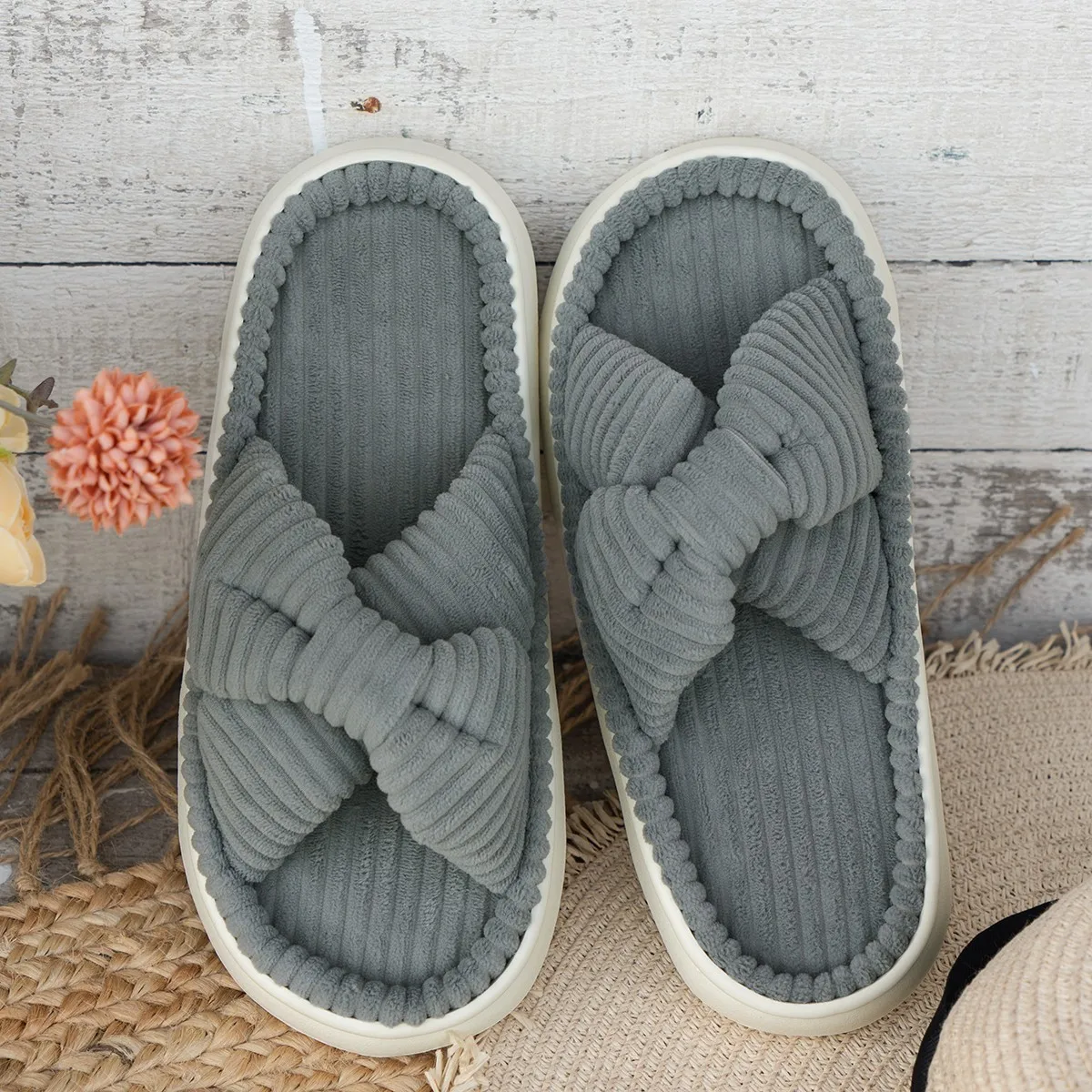 New fashion casual men and women couples corduroy cross with home cotton slippers thick soled warm indoor slippers