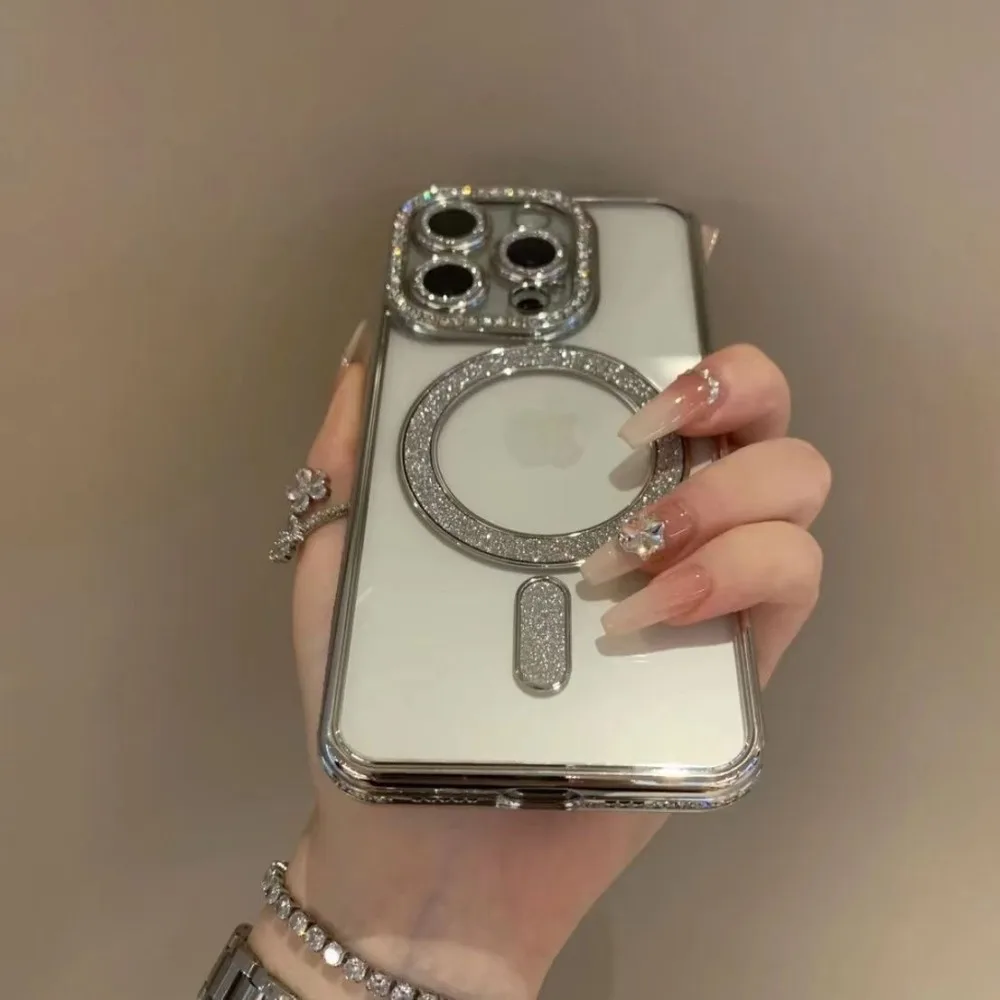 Magnetic Diamond Glitter Bling Case For iPhone 16E 15 14 13 12 11 Pro Max Rhinestone Electroplated Jewelled Transparent Cover