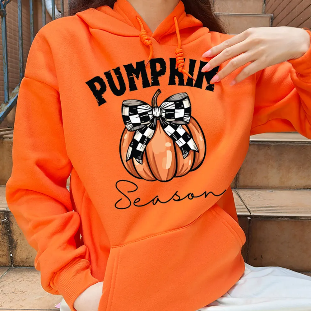 2024 Halloween Orange Hoodie Kawaii Halloween Pumpkin bowknot Women's Hoodie Harajuku Halloween Print Autumn Warm Unisex Hoodie