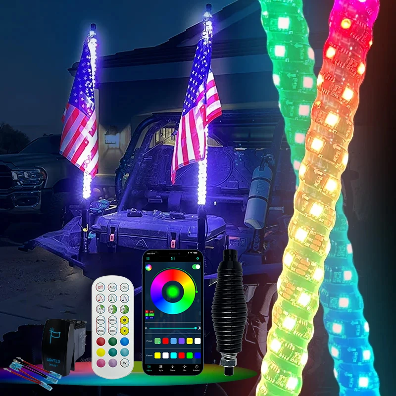 Luce a frusta a LED 2FT Luce a LED per auto RGB Impermeabile pieghevole APP remota Controllo musicale Lampada a pennone a LED per SUV ATV UTV, RZR