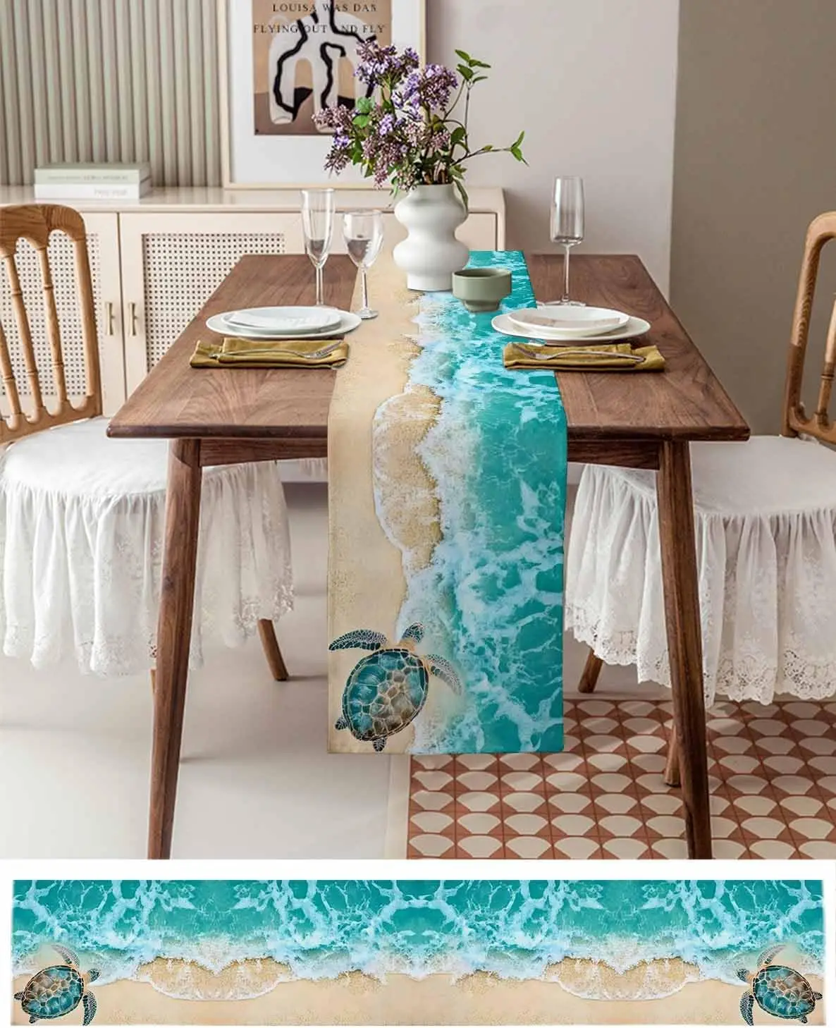 Turquoise Sea Turtle Beach Wave Linen Table Runner Holiday Party Decor Summer Ocean Turtle Table Runners for Kitchen Table Decor