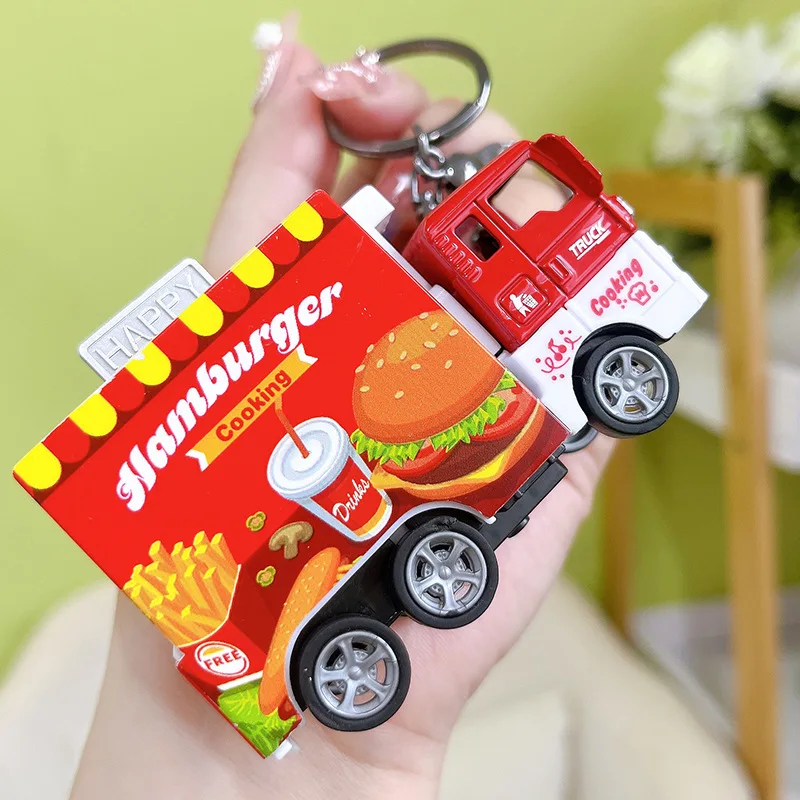 Cartoon Mini Alloy Pull Back Burger Coke Fries Food Truck Key Chain Cute Ice Cream Sushi Fast Food Milk Pizza Keychain Kids Toy