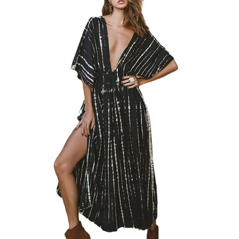 Robe maxi rayée en polyester à col en V pour femme, bikini taille haute, couverture de maillot de bain, blouse avec demi-manche plissée, ourlet fendu