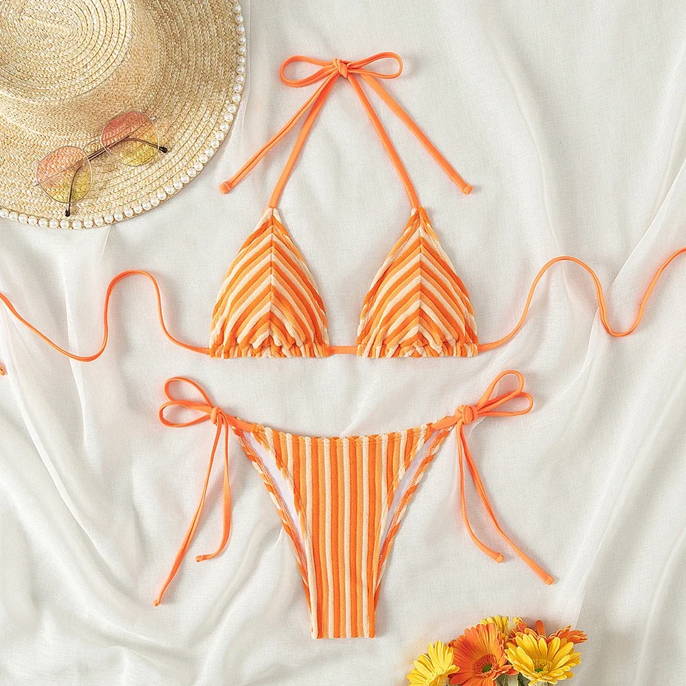 9 Colors New Towel Cloth Halter Neck Tie Up Striped Bikini Swimsuit For Women Summer Beach Vacation Low Waisted Swimwear 2024