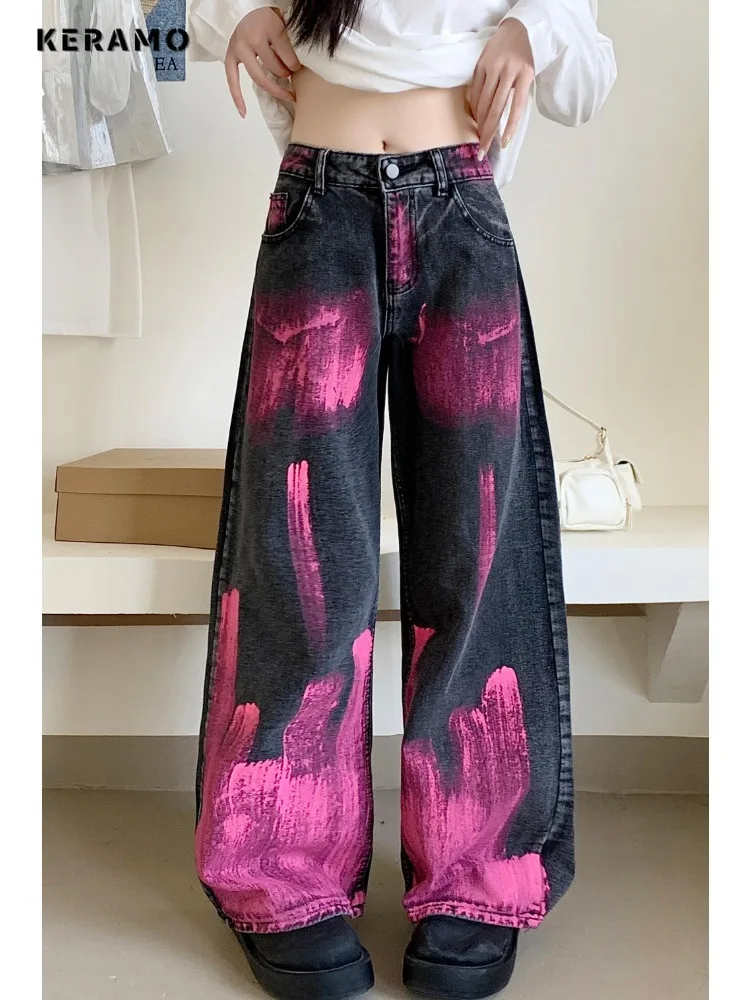 Pantalones vaqueros rectos de cintura alta para mujer, pantalones de Hip-hop con bolsillos, informales, Y2K, Grunge Dye, primavera 2024