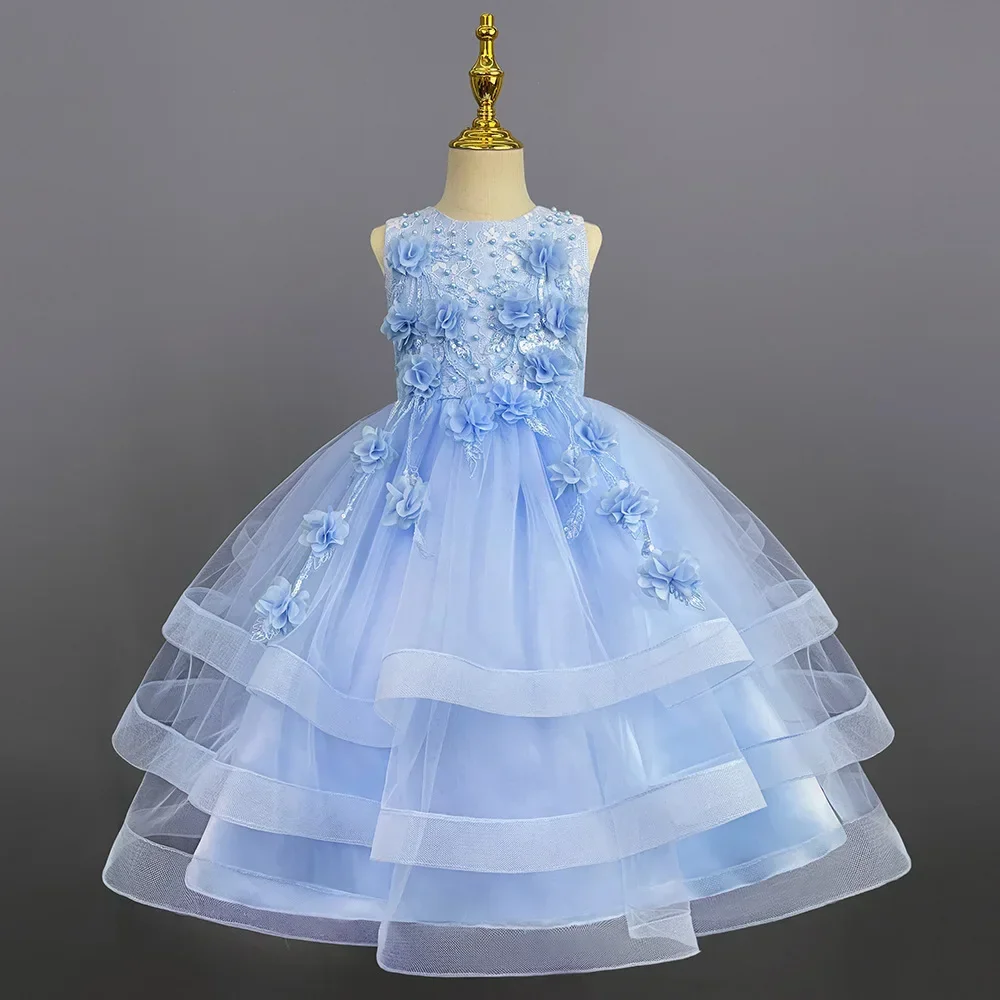 Vestito per bambini, vestito da principessa, nuovo abbigliamento per bambini transfrontaliero, gonna a sbuffo in rete per bambini a fiori, pianoforte da ragazza che ospita