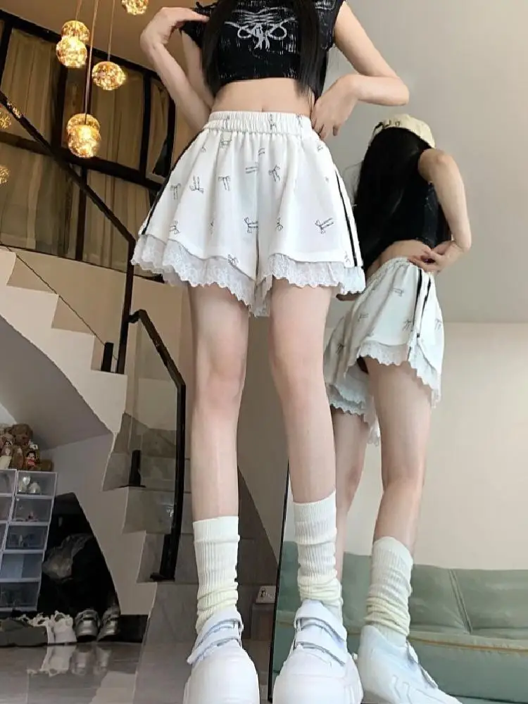 Shorts for Women Baggy Elastic Waist Wide High Spliced Lace Woman Short Pants Streetwear Cheap Youthful Kpop Trend 2025 Casual