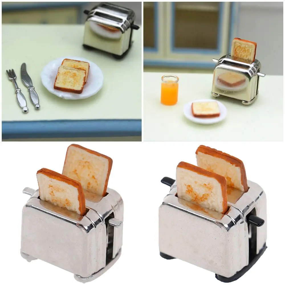 1:12 Schaal Speelhuis Poppenhuis Decoraties Met 2 Stuks Brood Pop Accessoires Toast Machine Miniatuur Broodrooster