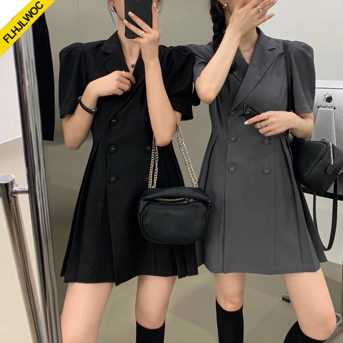 Hot New Design Korean Style High Street Womens Fashion Cute Elegant Office Lady Double Breasted Button Notched Mini Blazer Dress