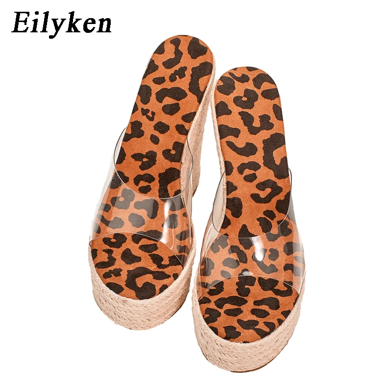 Eilyken PVC Transparent Peep Toe Leopard Grain Platform Wedges Slippers Sandals Women Fashion High Heels Female Shoes