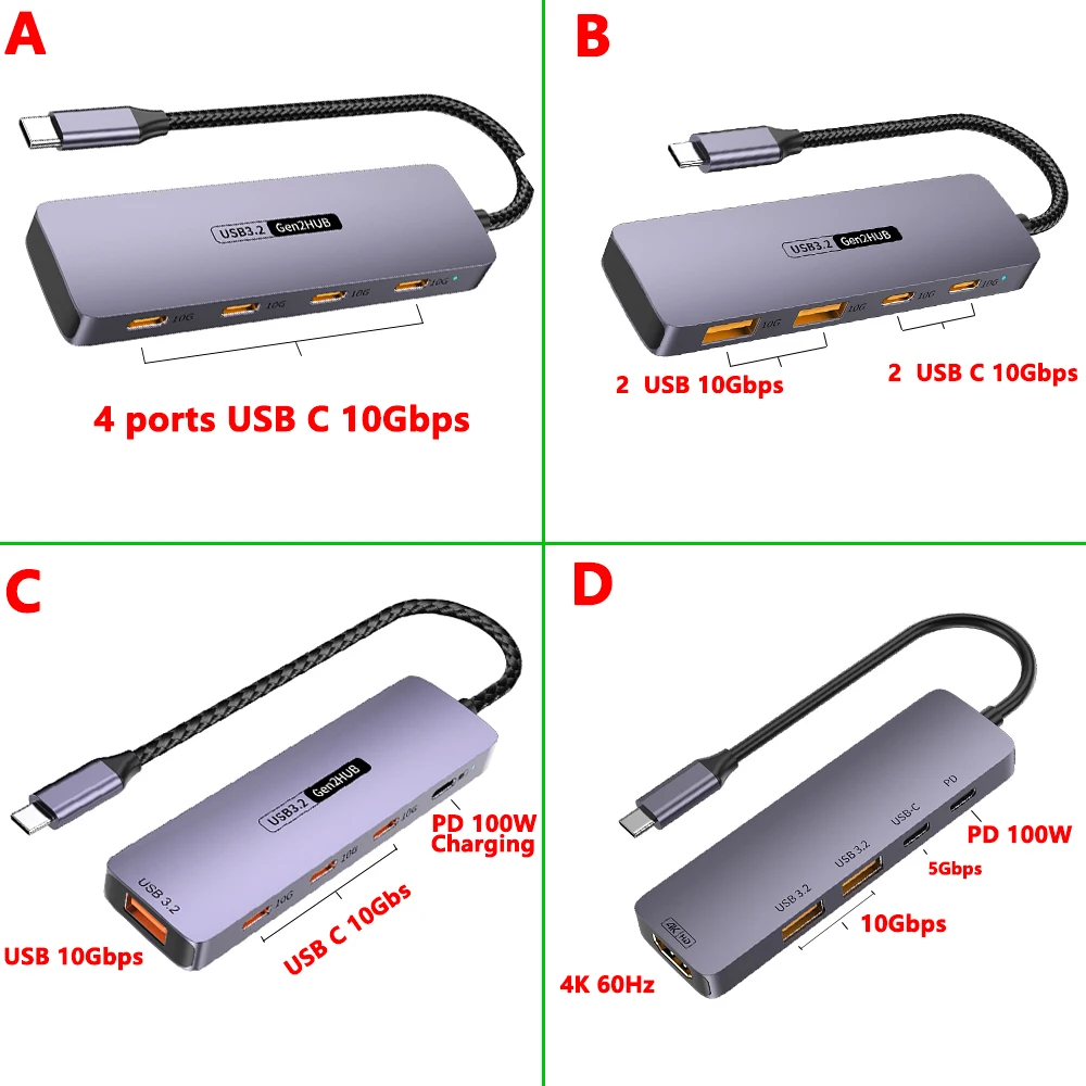 10Gbps USB3.2 Gen2 HUB USB C Splitter Hub 10Gb for PC Laptop MacBook Air/Pro iPhone 15/15 Plus/15 Pro Max Samsung S24 S23 Ultra