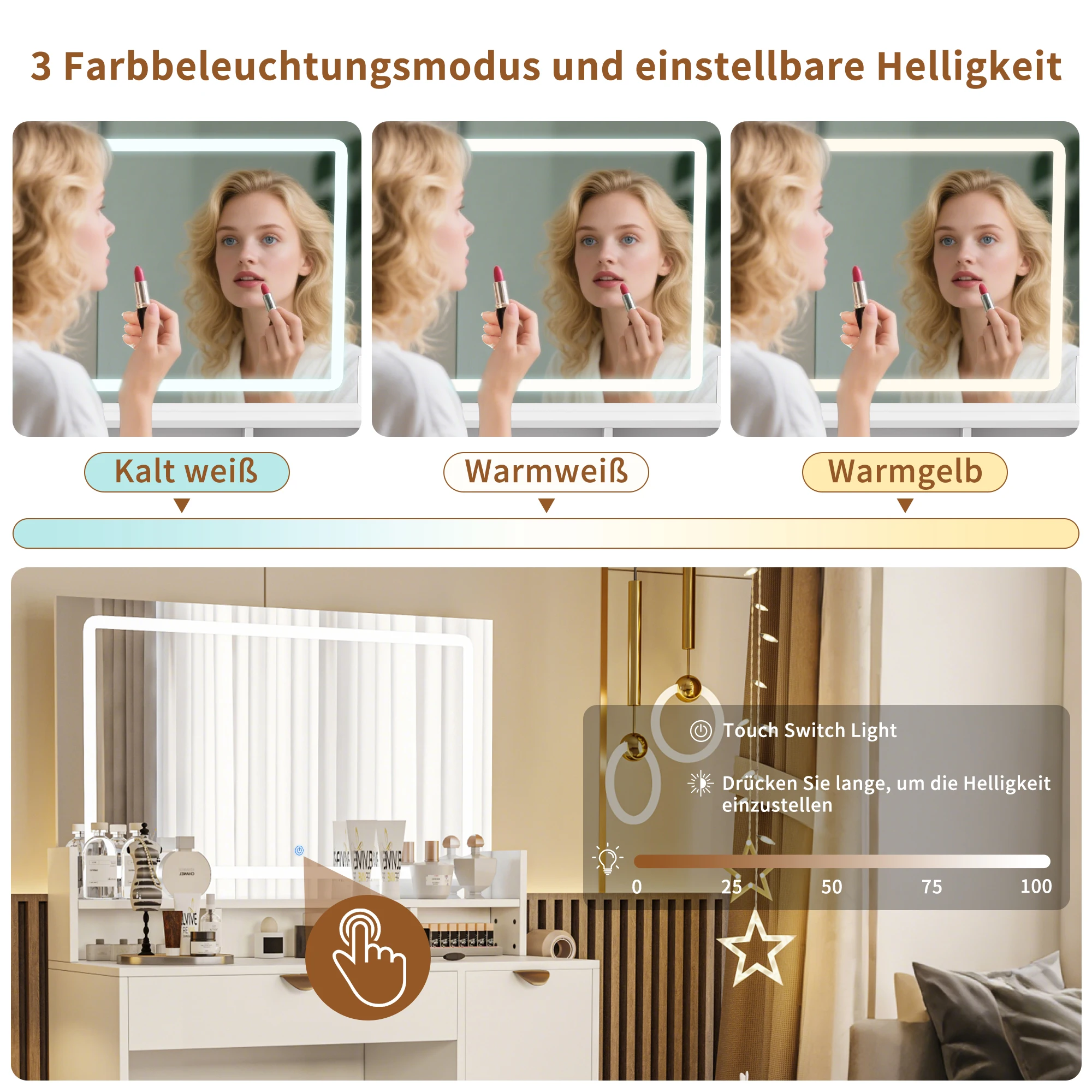 Rosahqnda LED-Beleuchtung Schminktisch mit einstellbarer Helligkeit Schminktisch mit Spiegel Kosmetiktisch mit Schubladen – Detail 23