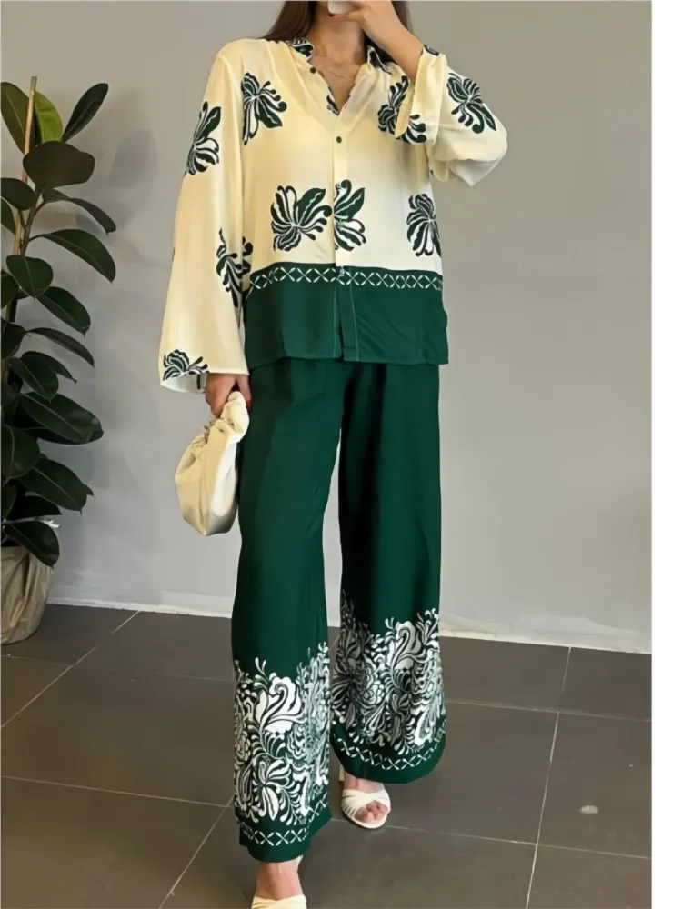 

Spring Autumn Print Pants Sets Women Casual Loose Long Sleeve Shirts Wide Legs Trousers Two Piece Set Fashion Ladies New Suits