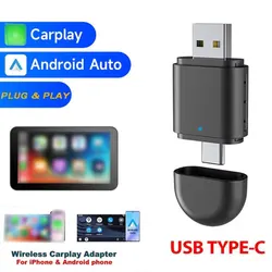 Dual interface USB&Type-C wireless Carplay adapter supports Apple Carplay, Android Auto 2-in-1