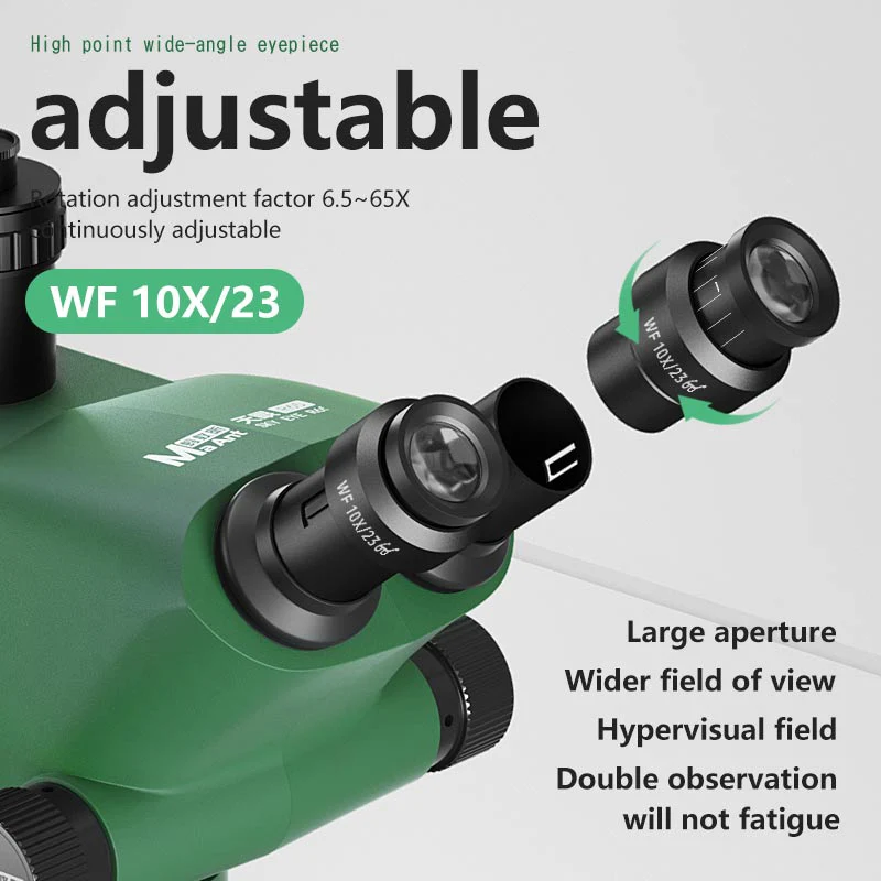 MaAnt R65 0.65-6.5X microscopio trioculare con Zoom ottico con oculare da campo regolabile WF 10X/23 di grandi dimensioni per la riparazione della