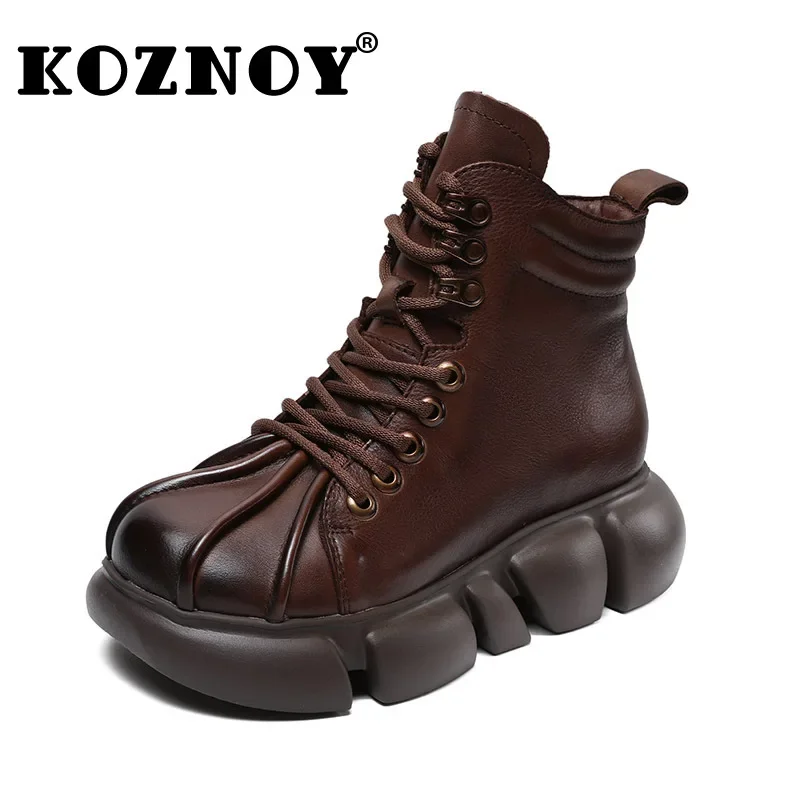 

Koznoy 5cm Genuine Leather Ankle Boots Women Leisure Big Toe Ladies Autumn Comfy Soft Chunky Heels Spring Platform Wedge Shoes