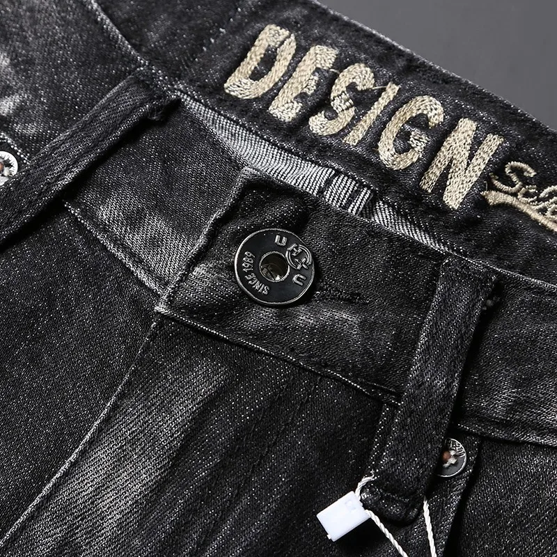 European Fashion Designer Men Jeans Retro Black Gray High Quality Elastic Slim Fit Ripped Jeans Men Vintage Denim Pants Hombre