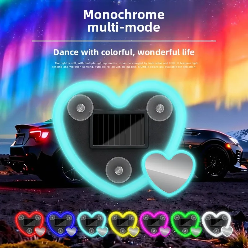 Car Neon Light Solar Powered Wireless Cute Heart Shaped Led Ambient Light Suction Cup USB Rechargeable Atmosphere Breathing Lamp