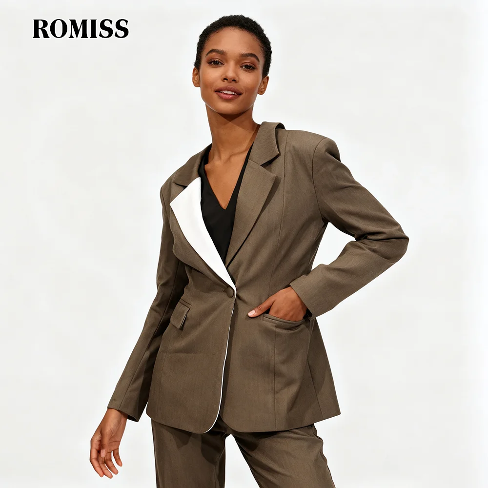 

ROMISS Hit Color Spliced Buttons Design Sense Blazers for Women Lapel Long Sleeves Vintage Blazer Female Fashion Clothing