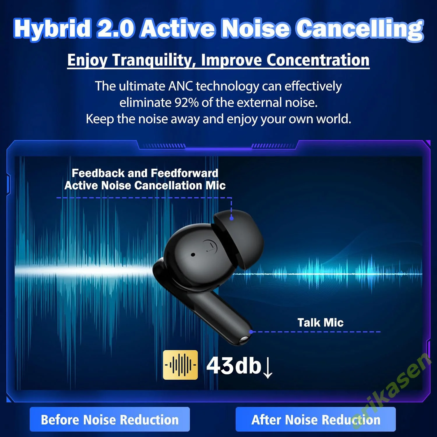 43dB Hybrid Active Noise Cancelling Earbuds Hi-Res Bluetooth 5.3 Earphones 4 Mics for Calls Powerful Sound Wiresss Headphones