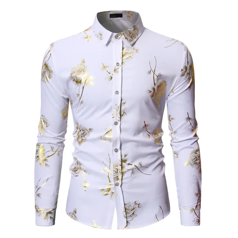 

Fashion Long Sleeve Hot Stamping Printed White Shirt Spring Casual Floral Shirt Male Men Oversized Social Boys Tops