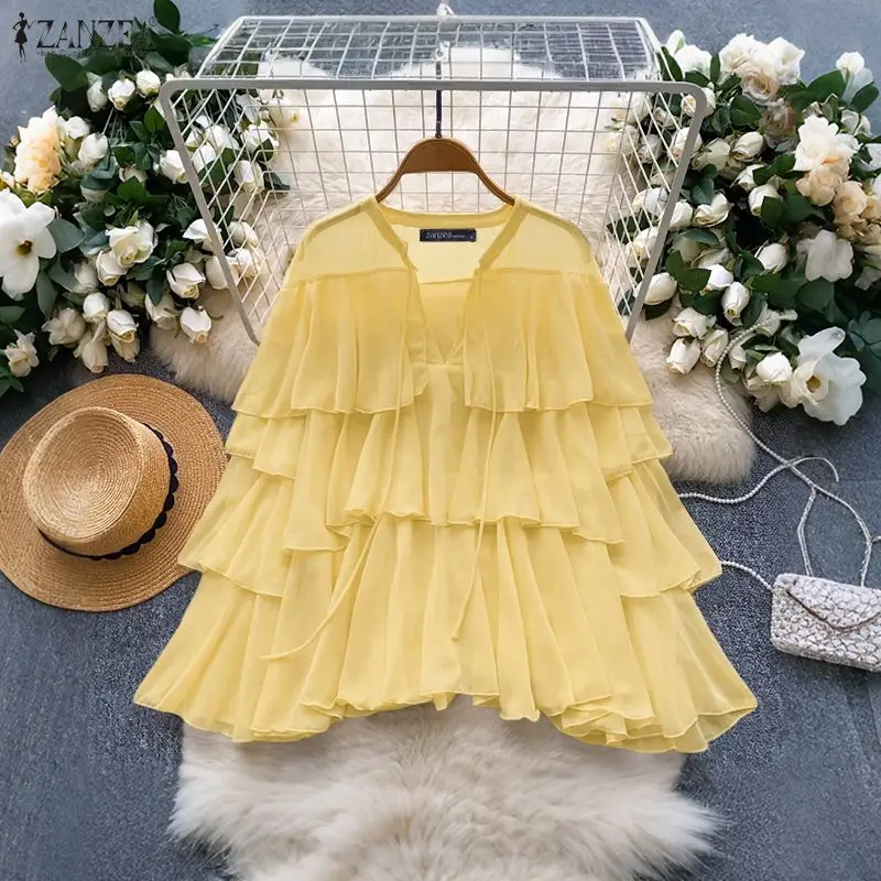 

Стильная блузка на шнуровке ZANZEA 2026: летняя женская рубашка с V-образным вырезом, длинным рукавом, элегантными оборками, однотонная, для работы