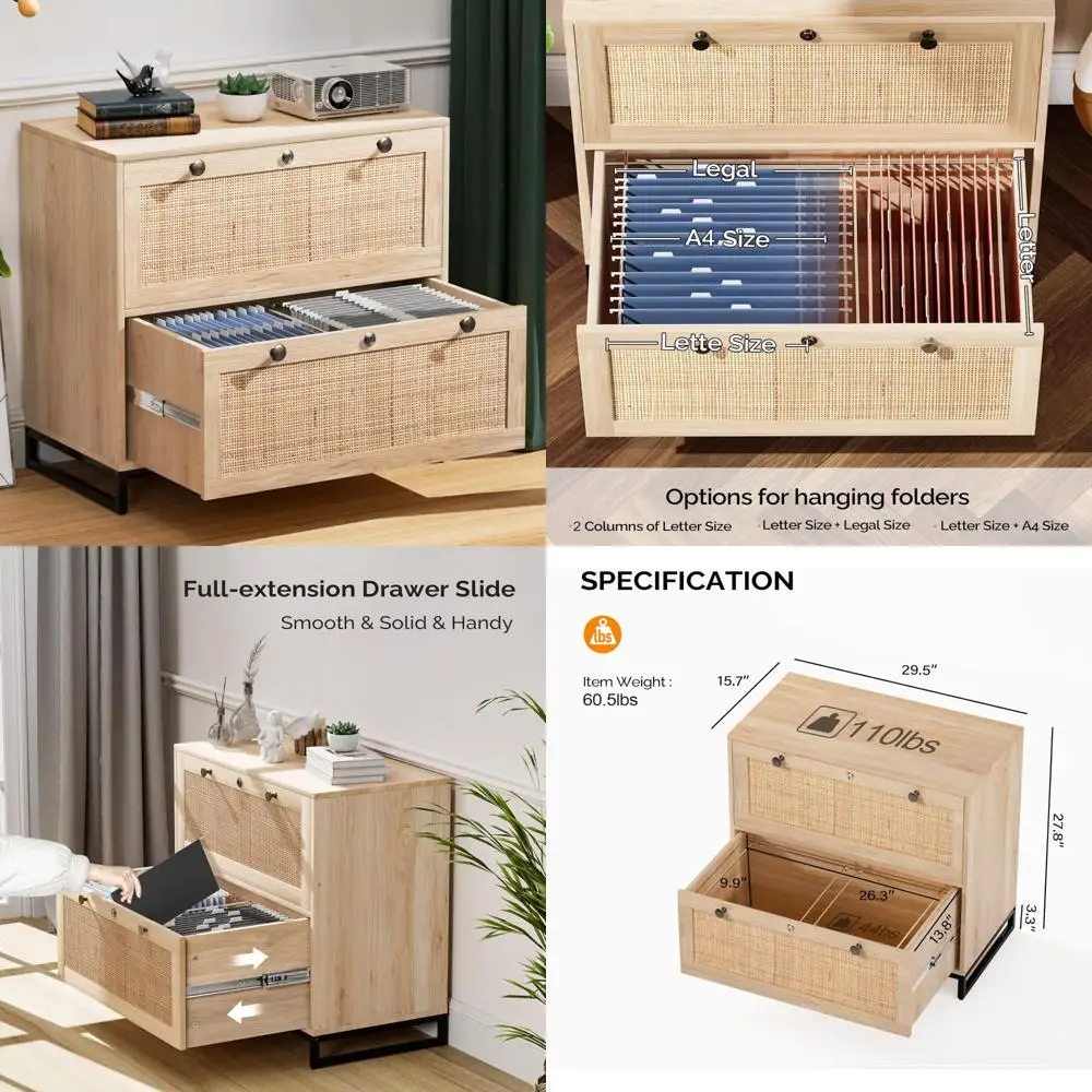 خزانة ملفات جانبية من الروطان ذات درجين قابلة للقفل للمكتب المنزلي، خزانة ملفات بمقابض معدنية ريفية مع حل تخزين