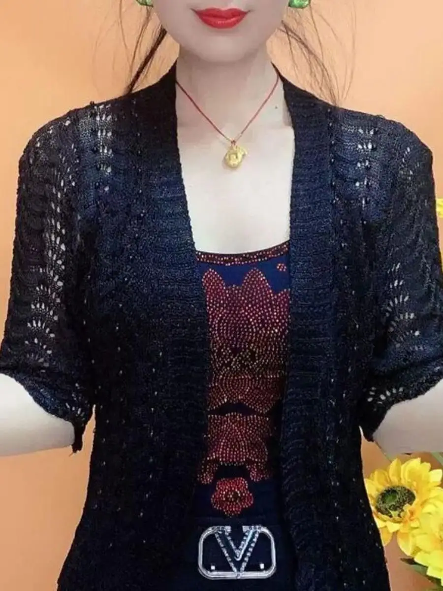 

Ice Silk Knitted Open Cardigan for Middle-Aged And ly Women Seven-Quarter Sve Embellied Pure Color awl Hollow out...
