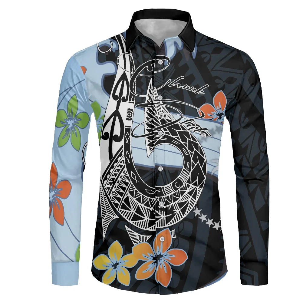 

New High Quality Spring and Autumn Men Long Sleeve Shirts Samoan Frangipani Print Plus Size Polynesian Traditional Tribal Style