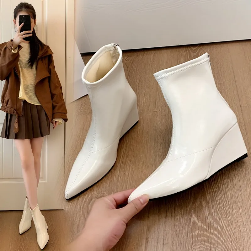 

Designer Square Toe Women Slimming Knight Boots Elegant Female Slip On Wedges Low Heel Mid Calf Booties Zapatos De Mujer