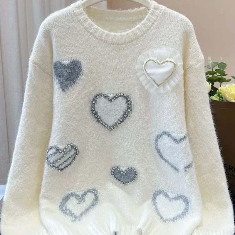 Amor em torno do pescoço design camisola novo topo solto preguiçoso pulôver