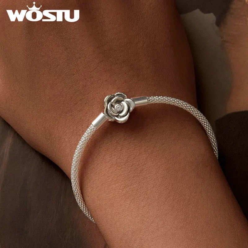 WOSTU Genuine 925 Sterling Silver Vintage Rose Flower Basic Bracelet Bangle for Women Fit Charms Beads DIY Fine Wedding Jewelry