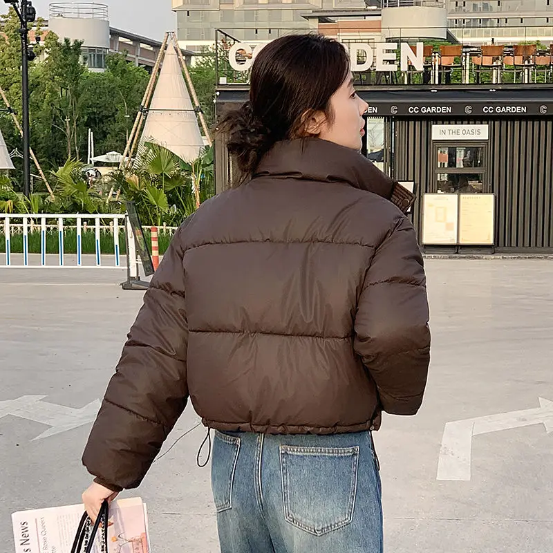 Women's Clothing PU Leather Crop Jacket No Washing Required Short Tops New Winter Warm Thicken Stand-up Collar Bread Cotton Coat