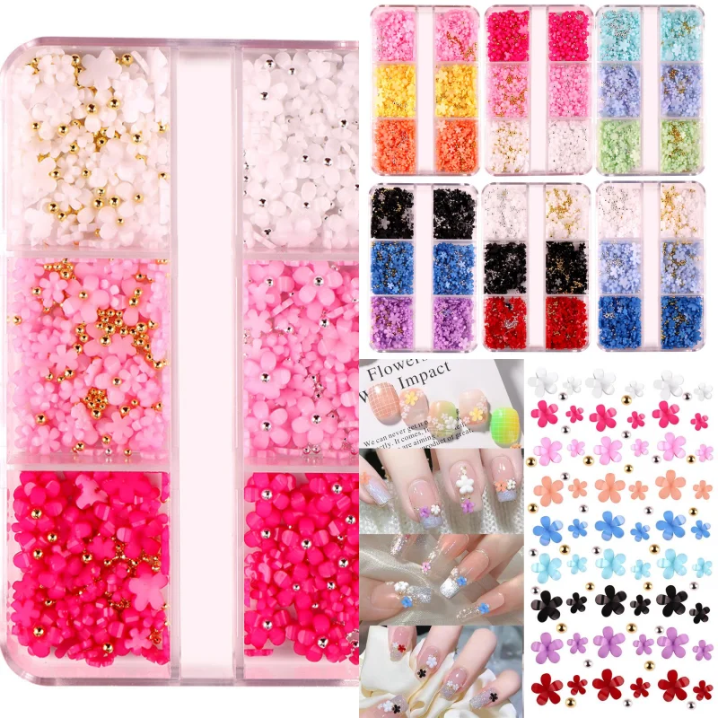 6Grids Nail Art Decorations Korean Small Flower Nail Charms 3D Mini Resin Rhinestones Nail Kawaii Accessories DIY Nail Supplies