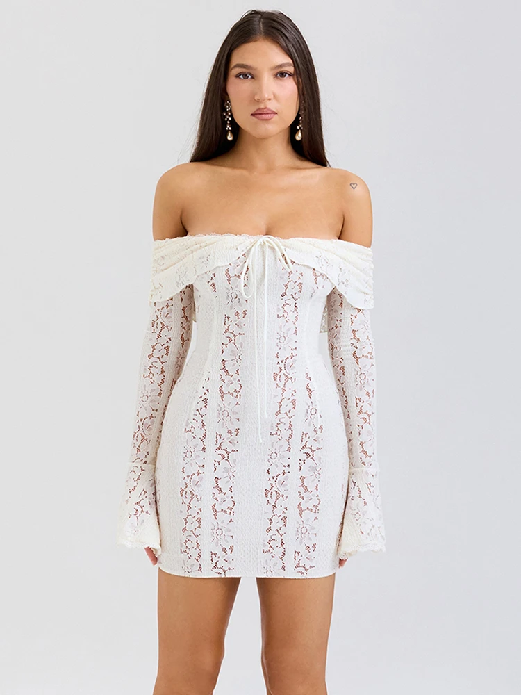 

NEW Off-shoulder Lace Sexy Mini Dress for Women White Strapless Long Sleeve Backless Bodycon Club Party Sexy Dress Elegant
