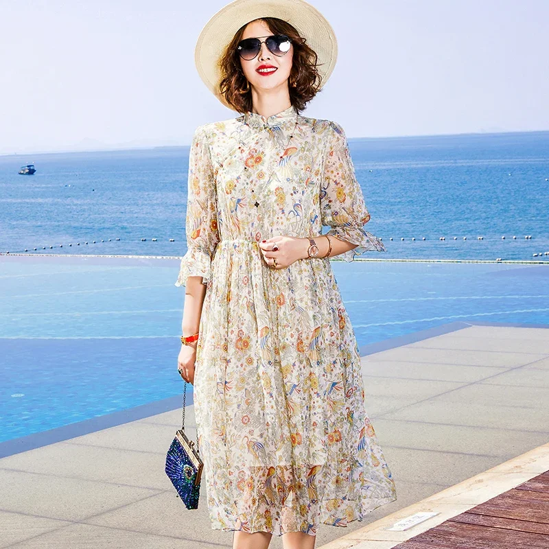 

100% Silk Dress Beach Elegant Summer Dress Female Floral Midi Dresses For Women Casual Fashion 2024 Vestido De Mujer Pph3752