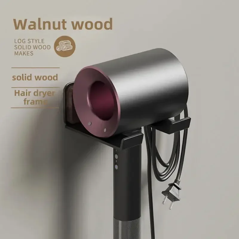 Beech and Black Walnut Hair Dryer Holder, No Punch, Wall Mounted, Bathroom Hair Dryer Hanging Shelf