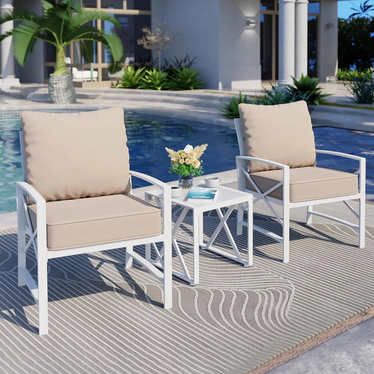 

3 Piece White Metal Outdoor Furniture Sectional Set, Modern Outdoor Metal Chair Conversation Furniture Set with Coffee Table fo